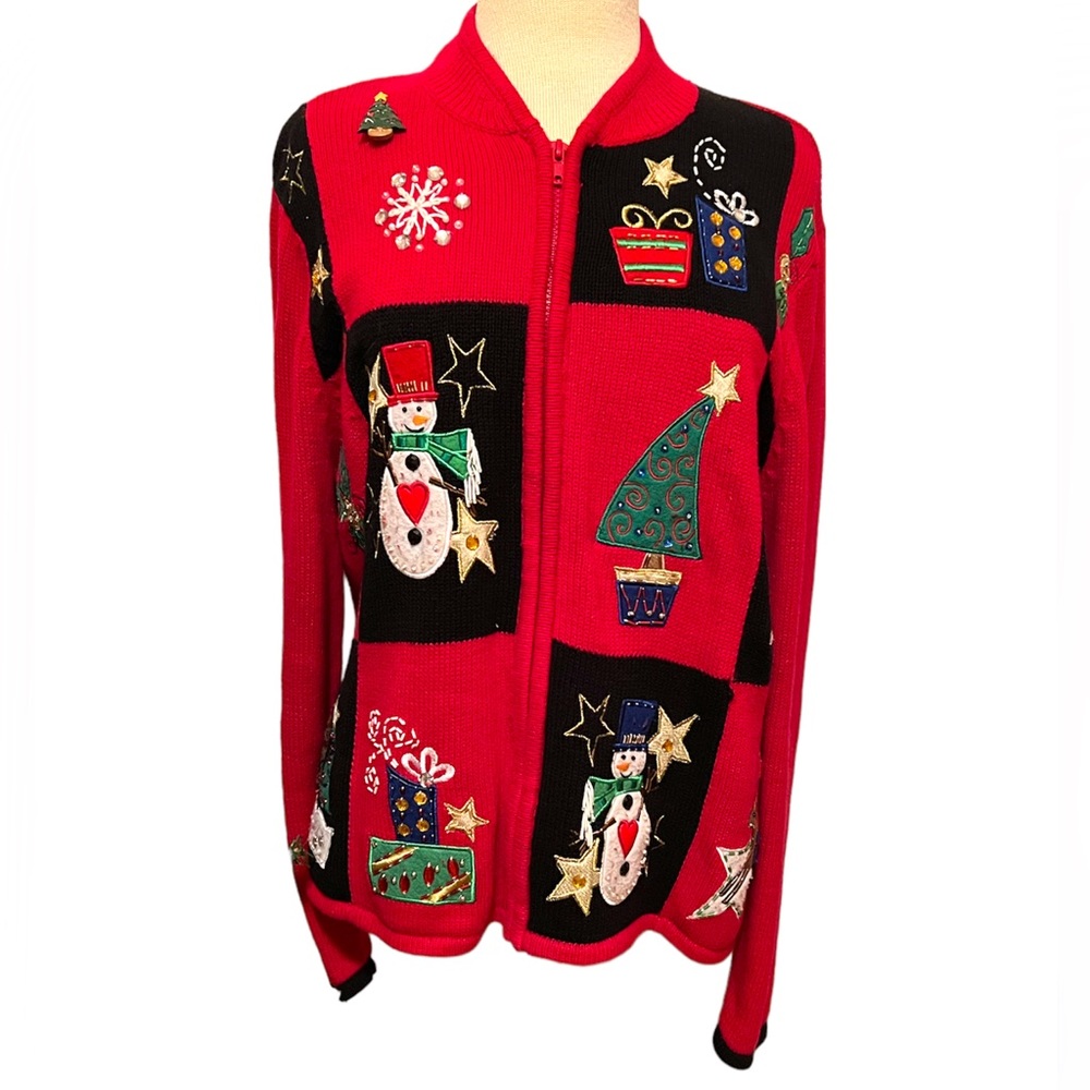 90’s Snowman Christmas Tree Zip Front Cardigan Sweater w/ tree pin XL